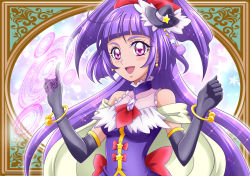 1girl, :d, ahoge, bangs, black gloves, black headwear, blunt bangs, blush, bow, bracelet, breasts, cure magical, earrings, elbow gloves, floating hair, gloves, hair bow, hanzou, hat, jewelry, long hair, magic circle, mahou girls precure!, medium breasts, mini hat, open mouth, precure, purple hair, red bow, red eyes, shiny, shiny hair, smile, solo, upper body, very long hair, witch hat