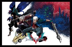 Rule 34 | 1girl, 6+boys, absurdres, arm tattoo, belt buckle, bird, black coat, black gloves, black hair, blue eyes, bracelet, breasts, buckle, cane, capcom, cleavage, cloak, coat, dante (devil may cry), demon, devil may cry (series), devil may cry 5, extra eyes, fingerless gloves, freckles, frown, full-body tattoo, glasses, gloves, grid, highres, jacket, jewelry, long hair, multiple boys, necklace, nero (devil may cry), nico (devil may cry), panther, rebellion (sword), red coat, red queen (sword), sharp teeth, short hair, smile, spoilers, superzillaking, sword, tattoo, teeth, urizen (devil may cry), v (devil may cry), vergil (devil may cry), weapon, white hair