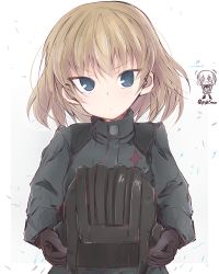 Rule 34 | +++, 10s, 1girl, bad id, bad twitter id, black gloves, black hat, blonde hair, blue eyes, chibi, closed mouth, commentary, emblem, fang, frown, getsumen suibaku ver. a(c), girls und panzer, gloves, green jumpsuit, grey background, hat, helmet, highres, holding, holding helmet, jumpsuit, katyusha (girls und panzer), laughing, long sleeves, looking at viewer, military, military uniform, outside border, pravda military uniform, short hair, simple background, sketch, solo, standing, tank helmet, twitter username, uniform, unworn headwear, unworn helmet, upper body, v-shaped eyebrows