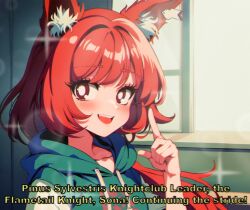 Rule 34 | 1990s (style), 1girl, ai-assisted, animal ears, arknights, blurry, blush, bokeh, bright pupils, depth of field, english text, flametail (arknights), highres, hood, hoodie, index finger raised, lattekoi5252, long hair, looking at viewer, red hair, retro artstyle, smile, solo, subtitled, upper body, window