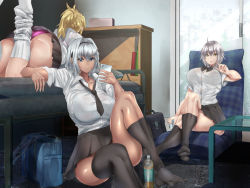 Rule 34 | 3girls, ass, bag, bed, bedroom, black legwear, black neckwear, black skirt, blonde hair, blue eyes, bookshelf, bottle, braid, breasts, caenis (fate), cellphone, chair, coffee table, collared shirt, commentary request, crossed legs, dress shirt, fate/grand order, fate (series), french braid, hairband, high ponytail, highres, holding, holding phone, indoors, jeanne d&#039;arc (fate), jeanne d&#039;arc alter (avenger) (fate), jeanne d&#039;arc alter (fate), koucha indian, large breasts, legs up, long hair, loose necktie, lying, miniskirt, mordred (fate), mordred (fate/apocrypha), multiple girls, necktie, on stomach, panties, phone, pillow, pink panties, pleated skirt, school bag, school uniform, screen door, shirt, short hair, silver hair, sitting, skirt, sleeves rolled up, smartphone, table, tan, thick thighs, thighs, underwear, white legwear, white shirt