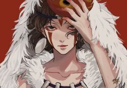 Rule 34 | 1girl, brown eyes, brown hair, cape, collarbone, earrings, facepaint, fur cape, hand up, headband, highres, holding, holding mask, jewelry, kagoya1219, looking at viewer, mask, mask on head, mononoke hime, necklace, portrait, red background, san (mononoke hime), short hair, signature, simple background, solo, straight-on, tooth necklace