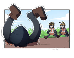 Rule 34 | 4koma, activity ant (gomulgong), ant girl, antennae, black hair, black pantyhose, blue sky, boots, border, brown footwear, cloud, cloudy sky, comic, glasses ant (gomulgong), gomulgong, grass, legs up, original, outline, pantyhose, sky, stretcher, tired ant (gomulgong), white border, white outline