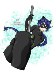 Rule 34 | 1girl, absurdres, alternate costume, animal ears, bell, black hair, bodysuit, braid, breasts, cat ears, cat girl, domino mask, green eyes, highres, jewelry, lady noire, long hair, marinette dupain-cheng, mask, miraculous ladybug, passionne illustrations, ring, staff