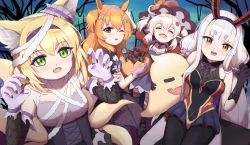 Rule 34 | 4girls, :d, ;), ;p, ^ ^, absurdres, ahoge, alternate costume, animal ears, arknights, azur lane, bandaged head, bandages, basket, black gloves, black legwear, blonde hair, blunt bangs, brown eyes, candy, closed eyes, collarbone, commentary, cookie, crossover, detached sleeves, fake animal ears, fishnet fabric, flareza, food, fox ears, fox girl, fox tail, genshin impact, ghost, ghost pose, gloves, green eyes, hair between eyes, hair ornament, hairband, hairclip, halloween, hat, highres, holding, holding basket, horse ears, horse girl, kitsune, klee (genshin impact), kyuubi, light brown hair, long hair, long sleeves, looking at viewer, low twintails, mayano top gun (umamusume), multiple crossover, multiple girls, multiple tails, one eye closed, open mouth, orange hair, outstretched arms, pantyhose, pointy ears, puffy long sleeves, puffy sleeves, rabbit ears, shimakaze (azur lane), short sleeves, sidelocks, silver hair, smile, spread arms, suzuran (arknights), tail, thick eyebrows, tongue, tongue out, twintails, two side up, umamusume, witch hat