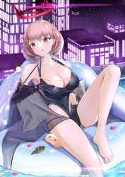 Rule 34 | :p, absurdres, arino ayarei, azur lane, bare shoulders, barefoot, black one-piece swimsuit, collarbone, duca degli abruzzi (azur lane), duca degli abruzzi (lustrous onyx sirenetta) (azur lane), earrings, glowing, glowing eye, hair ornament, hairclip, halo, heart, heart-shaped pupils, highres, inflatable chair, jewelry, light purple hair, manjuu (azur lane), mechanical arms, official alternate costume, one-piece swimsuit, petals, pool, prosthesis, prosthetic arm, prosthetic hand, red eyes, single mechanical arm, swimsuit, symbol-shaped pupils, tongue, tongue out, wet, wet clothes, wet swimsuit