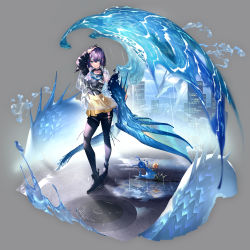 Rule 34 | 1girl, absurdres, blue eyes, detached sleeves, dragon, essual (layer world), goggles, goggles around neck, grey background, highres, looking at viewer, original, pleated skirt, puddle, purple hair, see-through, short hair, skirt, smile, solo, standing, thighhighs, wet, wet hair