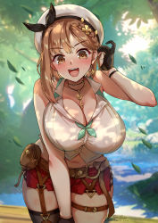 Rule 34 | 1girl, :d, atelier (series), atelier ryza, atelier ryza 2, bad id, bad pixiv id, bare arms, bare shoulders, belt, bent over, beret, black gloves, black ribbon, black thighhighs, blurry, blurry background, blush, braid, breasts, brown eyes, brown hair, buckle, cleavage, dappled sunlight, day, depth of field, earrings, falling leaves, foxyreine, glint, gloves, hat, hat ribbon, jewelry, key, large breasts, leaf, navel, open mouth, outdoors, partially fingerless gloves, pouch, red shorts, reisalin stout, ribbon, shirt, short shorts, shorts, side braid, signature, single sidelock, single thighhigh, skindentation, sleeveless, sleeveless shirt, smile, solo, sunlight, teeth, thigh strap, thighhighs, tucking hair, upper teeth only, white hat, white shirt