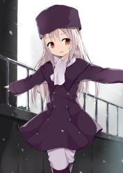 Rule 34 | 1girl, bad id, bad pixiv id, boots, fate/stay night, fate (series), fur hat, hat, illyasviel von einzbern, jacket, long hair, looking away, open mouth, outstretched arms, purple hat, red eyes, scarf, snow, soburi, solo, spread arms, white hair, white scarf
