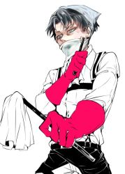 Rule 34 | 1boy, anger vein, black hair, blue eyes, duster, fighting stance, gloves, head scarf, levi (shingeki no kyojin), male focus, mask, partially colored, rubber gloves, seu (idugong), shingeki no kyojin, solo, toothbrush
