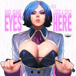 Rule 34 | 1girl, ascot, blue eyes, blue hair, breasts, cleavage, cleavage cutout, clothing cutout, collarbone, dress, elisabeth blanctorche, highres, holding, ickpot, jacket, large breasts, long sleeves, looking at viewer, makeup, parted lips, purple ascot, riding crop, short hair, simple background, snk, solo, the king of fighters, the king of fighters xi, upper body, v-shaped eyebrows