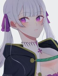 Rule 34 | 1girl, black capelet, black clover, blush, breasts, capelet, cleavage, closed mouth, grey hair, hair ribbon, highres, jacket, long hair, looking to the side, low twintails, medium breasts, noelle silva, purple eyes, purple ribbon, ribbon, rizaavana, sidelocks, solo, twintails, white jacket
