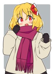 Rule 34 | 1girl, black gloves, blonde hair, blush, fang, fringe trim, gloves, hair ribbon, ini (inunabe00), long sleeves, open mouth, red eyes, red ribbon, red scarf, ribbon, rumia, scarf, short hair, smile, solo, touhou, upper body