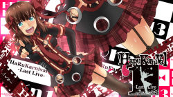 Rule 34 | 1girl, amami haruka, blue eyes, boots, brown hair, fingerless gloves, garter straps, gloves, hair ribbon, hand on own hip, highres, hisa tsuki, idolmaster, idolmaster (classic), necktie, open mouth, outstretched arm, plaid, plaid skirt, pointing, punkish gothic, ribbon, short hair, skirt, smile, solo, sweat, thighhighs, zettai ryouiki