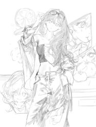 Rule 34 | 1girl, closed mouth, cowboy shot, hair between eyes, hand in pocket, jacket, long hair, looking at viewer, mirror, moaomao mo, monochrome, multiple views, navel, open clothes, open jacket, original, reflection, simple background, sketch, standing, stomach, sunglasses, unfinished, white background