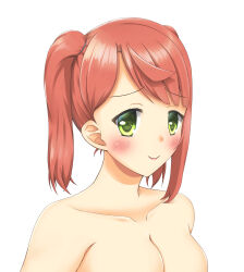 Rule 34 | 1girl, alternate hairstyle, blush, breasts, closed mouth, green eyes, highres, large breasts, looking at viewer, love live!, love live! nijigasaki high school idol club, medium hair, nodoca prhythm, nude, out-of-frame censoring, red hair, simple background, smile, solo, twintails, uehara ayumu, upper body, white background