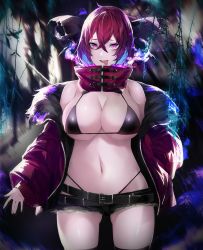 Rule 34 | 1girl, abstract background, absurdres, adapted costume, bare shoulders, bow, breasts, cleavage, cowboy shot, crossed bangs, gluteal fold, hair between eyes, hair bow, highres, large breasts, looking at viewer, migata, off shoulder, pink eyes, plant, red hair, revealing clothes, sekibanki, solo, thigh gap, touhou, vines