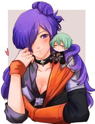 Rule 34 | 1boy, 1girl, absurdres, armor, black armor, black cape, black choker, blush, breasts, byleth (fire emblem), byleth (male) (fire emblem), cape, chibi, choker, cleavage, closed eyes, closed mouth, commentary, commission, cropped torso, english commentary, enlightened byleth (male), fire emblem, fire emblem: three houses, fire emblem warriors: three hopes, gloves, green hair, hair between eyes, hair bun, hair over one eye, heart, highres, long hair, looking at another, nintendo, one eye covered, orange gloves, purple eyes, purple hair, shez (female) (fire emblem), shez (fire emblem), short hair, shoulder armor, sierra117renner, single glove, single hair bun, sitting on shoulder, size difference, smile
