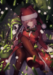 Rule 34 | 1girl, bow, bowtie, braid, breasts, brown pantyhose, bullet, fate/grand order, fate (series), florence nightingale (fate), florence nightingale (santa) (fate), genyaky, gloves, gun, hat, high heels, highres, holding, holding gun, holding weapon, long hair, looking at viewer, magazine (weapon), pantyhose, parted lips, pink hair, red footwear, santa hat, sitting, solo, weapon, white gloves