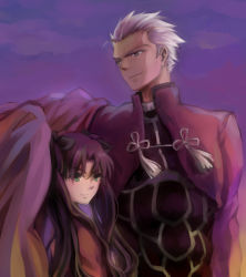Rule 34 | 1boy, 1girl, archer (fate), bad id, bad pixiv id, brown eyes, brown hair, ch3507, cloak, dark skin, dark-skinned male, fate/stay night, fate (series), green eyes, grey eyes, hair ribbon, height difference, highres, long hair, ribbon, tohsaka rin, twintails, two side up, white hair