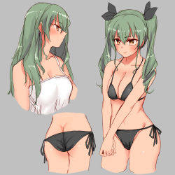 Rule 34 | 10s, 1girl, alternate hairstyle, anchovy (girls und panzer), anchovy (girls und panzer), ass, bad id, bad pixiv id, bikini, black bikini, brown eyes, camisole, cowboy shot, cropped legs, drill hair, from side, girls und panzer, green hair, grey background, hair down, hair ribbon, highres, kento1102, long hair, multiple views, own hands together, ribbon, side-tie bikini bottom, sketch, standing, swimsuit, twin drills, twintails, upper body