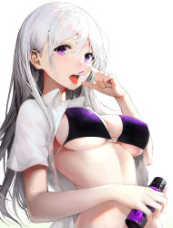 Rule 34 | 1girl, bottle, bra, breasts, dress shirt, eating, hand up, haori io, highres, holding, holding bottle, large breasts, long hair, looking at viewer, nail polish, open clothes, open mouth, open shirt, original, purple bra, purple eyes, purple nails, shirt, short sleeves, solo, stomach, tongue, tongue out, underwear, upper body, white hair, white shirt, wing collar