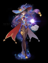 Rule 34 | 1girl, absurdres, black background, black hair, blue eyes, bodystocking, book, breasts, cape, capelet, character name, detached sleeves, floating, floating hair, floating object, gem (symbol), genshin impact, hair between eyes, hair ornament, hair ribbon, hat, high heels, highres, leotard, magic, mmlyno, mona (genshin impact), ribbon, ripples, simple background, small breasts, sparkle, thighlet, twintails, water, wizard hat