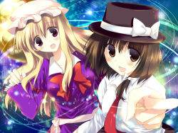 Rule 34 | 2girls, asymmetrical hair, bad id, bad pixiv id, black hat, blonde hair, bow, breasts, brown eyes, brown hair, buttons, collar, collarbone, eyebrows, eyes visible through hair, female focus, frilled sleeves, frills, ghostly field club, hair bow, hat, hat bow, kinoko (hkn), long hair, long sleeves, maribel hearn, medium breasts, mob cap, moon, multiple girls, necktie, open mouth, pointing, pointing at viewer, purple eyes, purple shirt, red bow, red necktie, sash, shirt, shirt bow, short hair, sleeves past wrists, touhou, usami renko, white bow, white collar, white hat, white shirt