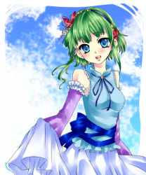 Rule 34 | 1girl, bad id, bad pixiv id, bare shoulders, blue eyes, blush, breasts, clothes lift, detached sleeves, dress, dress lift, green hair, gumi, looking at viewer, lowres, open mouth, short hair, solo, vocaloid, yoitsukishin