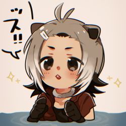 Rule 34 | 10s, 1girl, :3, ahoge, american beaver (kemono friends), animal ears, antenna hair, bangs pinned back, beaver ears, black gloves, black one-piece swimsuit, blush, brown eyes, brown hair, brown jacket, buck teeth, chromatic aberration, clenched hands, collarbone, dot nose, eyebrows, fur collar, gloves, gradient hair, grey hair, hair ornament, hairclip, hands up, jacket, kajino, kemono friends, looking at viewer, medium hair, multicolored hair, one-piece swimsuit, open clothes, open jacket, open mouth, outdoors, partially submerged, river, short sleeves, smile, solo, sparkle, speech bubble, swimsuit, swimsuit under clothes, tareme, teeth, thick eyebrows, upper teeth only, water, white hair