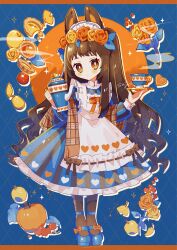 Rule 34 | 1girl, animal ears, apple, apron, black dress, black pantyhose, blue bow, blue dress, blue footwear, blush, bow, brown hair, brown shawl, commentary request, cup, dress, drop shadow, flower, food, fruit, full body, ginkgo leaf, hair flower, hair ornament, heart, highres, holding, holding saucer, holding teapot, leaf, letterboxed, long hair, looking at viewer, maid headdress, orange background, orange eyes, orange flower, orange rose, original, panties, pantyhose, pumpkin, rabbit ears, rabbit girl, rose, saijo1201, saucer, shawl, solo, sparkle, striped clothes, striped dress, teacup, teapot, underwear, very long hair, wavy hair, white apron, white panties, yellow flower, yellow rose