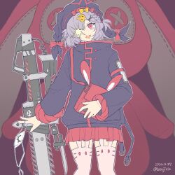 Rule 34 | 1girl, :d, animal ear legwear, arknights, bag, black hat, black jacket, bonjirix, bow, braid, button eyes, buttons, chainsaw, commentary request, dated, eyepatch, feet out of frame, grey hair, hat, head tilt, highres, jacket, long sleeves, looking at viewer, open mouth, pleated skirt, popukar (arknights), rabbit ear legwear, red bow, red eyes, red skirt, shoulder bag, skirt, smile, solo, stuffed animal, stuffed rabbit, stuffed toy, thighhighs, twitter username, unworn eyepatch, white thighhighs, wide sleeves