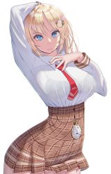 Rule 34 | 1girl, absurdres, ahoge, arm up, blonde hair, blue eyes, bra visible through clothes, breasts, closed mouth, collared shirt, commentary, contrapposto, cowboy shot, hair ornament, hand on own chest, high-waist skirt, highres, himeliofon, hololive, hololive english, impossible clothes, large breasts, long hair, long sleeves, looking at viewer, mustache print, necktie, plaid, plaid skirt, red necktie, shirt, shirt tucked in, short necktie, simple background, skirt, solo, virtual youtuber, watson amelia, watson amelia (1st costume), white background, white shirt