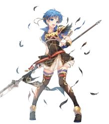 Rule 34 | 1girl, armor, belt, blue eyes, blue hair, blue thighhighs, boots, breastplate, dress, elbow gloves, feather trim, feathers, female focus, fingerless gloves, fingernails, fire emblem, fire emblem: the binding blade, fire emblem heroes, full body, gloves, gold trim, highres, holding, holding polearm, holding spear, holding weapon, matching hair/eyes, miwabe sakura, nintendo, official alternate costume, official art, open mouth, polearm, shanna (fire emblem), short dress, short hair, short sleeves, shoulder armor, skirt, solo, spear, thigh boots, thighhighs, torn clothes, torn thighhighs, transparent background, weapon, zettai ryouiki