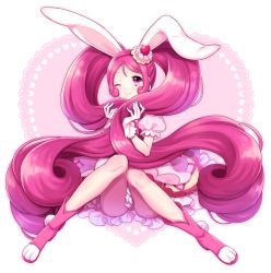 Rule 34 | 10s, 1girl, ;), absurdly long hair, animal ears, boots, rabbit ears, cake hair ornament, cure whip, earrings, food-themed hair ornament, full body, gloves, hair ornament, kirakira precure a la mode, long hair, magical girl, one eye closed, pink eyes, pink footwear, pink hair, pom pom (clothes), pom pom earrings, precure, sitting, smile, solo, twintails, usami ichika, usano, very long hair, white gloves