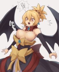 Rule 34 | !, !!, 1girl, bare shoulders, black dress, black sleeves, black wings, blonde hair, blush, bouncing breasts, bow, breasts, breasts out, brooch, commentary request, demon wings, detached sleeves, disgaea, dress, earrings, hair between eyes, highres, jewelry, large breasts, long sleeves, looking down, makai senki disgaea, open mouth, pointy ears, red bow, red eyes, red neckwear, rozalin, sidelocks, simple background, solo, spoken exclamation mark, strapless, strapless dress, surprised, tearing up, tears, wings, yellow bow, yonaga san