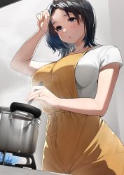 Rule 34 | 1girl, apron, arm up, black hair, blue eyes, blush, breasts, collarbone, commentary request, cooking, cowboy shot, dutch angle, fingernails, from below, hand to forehead, hand up, highres, indoors, jewelry, large breasts, looking at object, looking down, mature female, original, parted bangs, parted lips, pot, ring, sakura no tomoru hi e, shirt, short hair, short sleeves, solo, standing, steam, stirring, sweatdrop, wedding band, white shirt, yellow apron