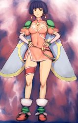 Rule 34 | 1990s (style), 1girl, alternate eye color, angel links, anklet, armor, belt, belt skirt, bob cut, bracer, breasts, brown eyes, cape, chinese clothes, cleavage, cleavage cutout, clothing cutout, covered navel, detached sleeves, dress, earrings, covered erect nipples, eyebrows, full body, fumio (rsqkr), hands on own hips, hip focus, jewelry, large breasts, li meifon, looking at viewer, pauldrons, pink dress, puffy sleeves, purple hair, shoes, short dress, short hair, short sleeves, shoulder armor, side slit, solo, standing, tassel, tassel earrings, thigh strap, turtleneck