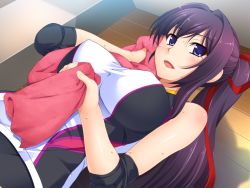 Rule 34 | 1girl, bare shoulders, breasts, dutch angle, elbow pads, game cg, hair between eyes, hair ribbon, large breasts, looking at viewer, open mouth, ponytail, purple eyes, purple hair, red ribbon, ribbon, shirt, smile, solo, sportswear, sweat, taut clothes, taut shirt, towel, unagimaru, volley coaching!, volleyball uniform, wiping sweat, yaotome misuzu