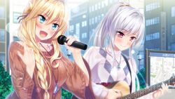 Rule 34 | 2girls, blonde hair, blush, braid, breasts, chika (uchi no koibito), eyebrows hidden by hair, female focus, game cg, green eyes, guitar, happy, high ponytail, highres, holding, holding microphone, instrument, large breasts, long hair, microphone, multiple girls, music, open mouth, original, outdoors, playing instrument, red eyes, singing, single braid, small breasts, smile, uchi no koibito, upper body, white hair, wide sleeves, yamakaze ran, yuri (uchi no koibito)