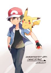 Rule 34 | 1boy, ash ketchum, bad id, bad pixiv id, baseball cap, black legwear, black shirt, blouse, blue jacket, brown eyes, copyright name, creatures (company), dated, denim, english text, game freak, gen 1 pokemon, gradient background, hat, highres, holding, holding poke ball, jacket, jeans, looking at viewer, male focus, mei (maysroom), nintendo, on shoulder, open clothes, open shirt, pants, pikachu, poke ball, poke ball (basic), pokemon, pokemon (anime), pokemon (creature), pokemon on shoulder, pokemon xy (anime), red headwear, shirt, tagme, white background