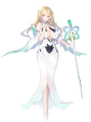 Rule 34 | 1girl, blonde hair, breasts, character request, cleavage, detached sleeves, dress, escalation heroines, full body, gloves, grey eyes, hairband, half gloves, highres, large breasts, nanahara fuyuki, official art, solo, wavy hair, white dress, wristband