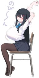 Rule 34 | 1girl, akitokage, arched back, arm behind head, arms up, black hair, black skirt, blue bow, blue bowtie, blush, bow, bowtie, breasts, brown footwear, brown pantyhose, chair, closed eyes, closed mouth, collared shirt, from side, full body, hair between eyes, hair ornament, hairclip, highres, huge breasts, loafers, long hair, miniskirt, motion lines, nozomi (akitokage01), original, pale skin, pantyhose, pleated skirt, school chair, school uniform, shirt, shirt tucked in, shoes, short sleeves, sidelocks, simple background, sitting, skirt, solo, sound effects, stretching, tented shirt, trembling, white background, white shirt