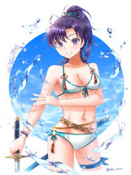 Rule 34 | 1girl, absurdres, bikini, breasts, cleavage, fir (fire emblem), fire emblem, fire emblem: the binding blade, grin, highres, holding, holding sword, holding weapon, looking at viewer, medium breasts, nintendo, ponytail, purple hair, smile, solo, swimsuit, sword, teeth, tsukimura (d24f4z8j3t), water, weapon, white bikini
