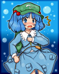 Rule 34 | 1girl, backpack, bag, blue eyes, blue hair, blush, bubble, cattail, eruru (erl), female focus, framed, hair bobbles, hair ornament, hat, highres, kawashiro nitori, long sleeves, matching hair/eyes, open mouth, plant, pocket, shirt, short hair, skirt, solo, ^^^, surprised, tears, touhou, twintails, two side up, wavy mouth