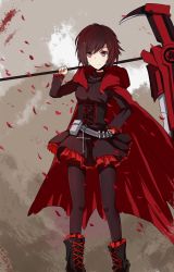 Rule 34 | 1girl, ankle boots, belt, black dress, black pantyhose, boots, cape, dress, highres, huge weapon, looking at viewer, over shoulder, pantyhose, petals, red hair, rose petals, ruby rose, rwby, sakaue-nachi, scythe, short hair, skirt, smile, solo, standing, weapon