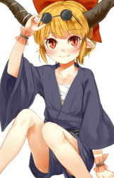 Rule 34 | 1girl, alternate costume, alternate hairstyle, blonde hair, bow, collarbone, eyewear on head, fang, hair bow, hair up, highres, horns, ibuki suika, looking at viewer, nishiuri, pointy ears, red eyes, sarashi, shorts, simple background, sitting, slit pupils, smile, solo, sunglasses, touhou, white background, wild and horned hermit, wrist cuffs