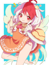 Rule 34 | 1girl, ahoge, animal, animal on head, ascot, barefoot, bird, bird on head, bird tail, bird wings, blue background, blush, chick, commentary request, contrapposto, dress, eighth note, food, giving, gradient wings, holding, holding plate, holding spoon, layered dress, looking at viewer, multicolored hair, multicolored wings, musical note, niwatari kutaka, omelet, omurice, on head, orange dress, panties, petticoat, plate, red ascot, red eyes, red hair, rekishitai hoonoji, short hair, side-tie panties, simple background, smile, solo, spoken musical note, spoon, standing, standing on one leg, tail, touhou, two-tone hair, underwear, white hair, wings