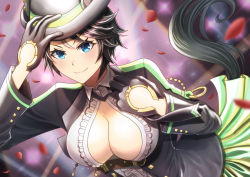 Rule 34 | 1girl, absurdres, animal ears, aokocha, black gloves, black hair, black hat, blue eyes, breasts, center frills, center opening, cleavage, closed mouth, collared shirt, commentary request, ear ornament, ear piercing, falling petals, fedora, frilled shirt, frills, fuji kiseki (umamusume), gloves, gold trim, hair between eyes, hands up, hat, highres, horse ears, horse girl, horse tail, jacket, large breasts, long sleeves, looking at viewer, multicolored hair, necktie, open clothes, open jacket, petals, piercing, shirt, short hair, sidelocks, smile, solo, standing, tail, umamusume, underbust, upper body, white hair, white shirt