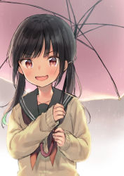 Rule 34 | 1girl, :d, black hair, black sailor collar, blush, brown cardigan, cardigan, commentary request, fang, holding, holding umbrella, long hair, long sleeves, looking at viewer, low twintails, midorikawa you, neckerchief, open mouth, original, pink umbrella, rain, red eyes, red neckerchief, sailor collar, skin fang, sleeves past wrists, smile, smug, solo, twintails, umbrella, v-shaped eyebrows